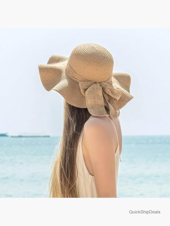 Wide Brim Floppy Sun Hat with Adjustable String - Foldable Roll-Up Straw Beach